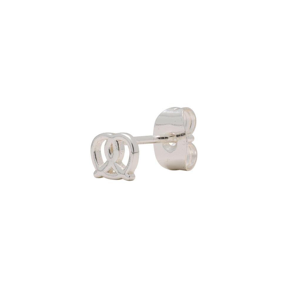 Silver pretzel stud earring close up on white background fashion jewelry photo