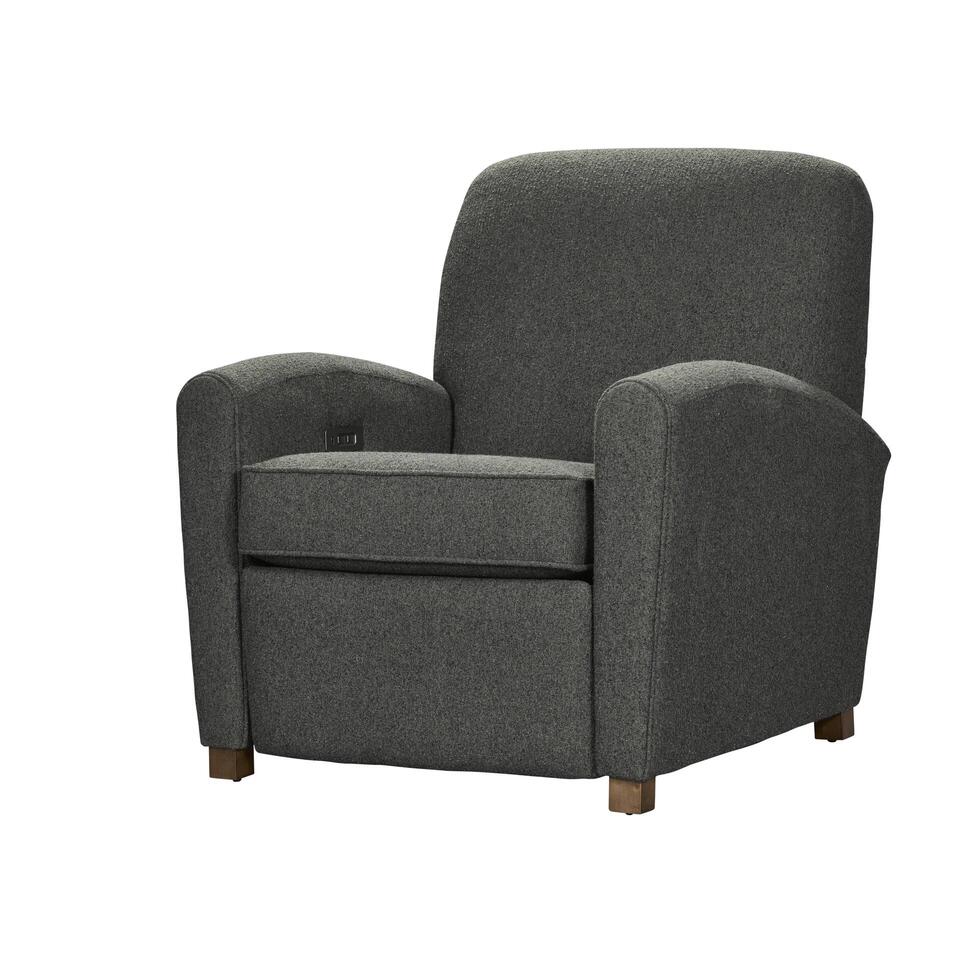 Gray fabric upholstered recliner chair with wooden legs on white background photo