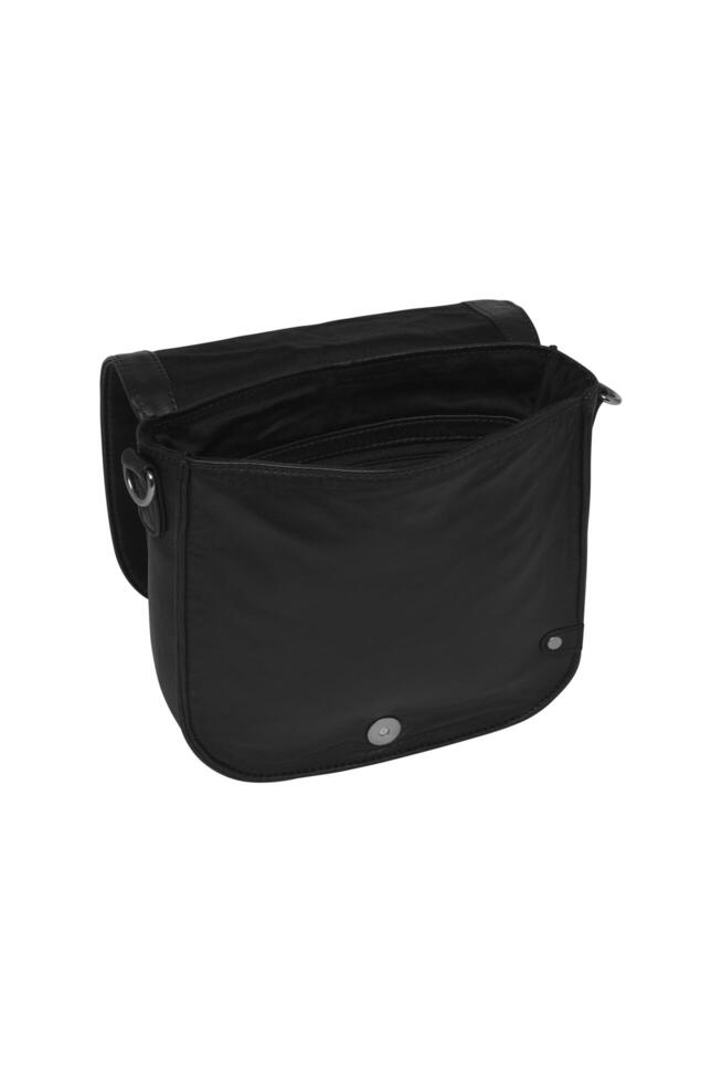 Open stylish black leather crossbody bag with magnetic closure modern accessory photo