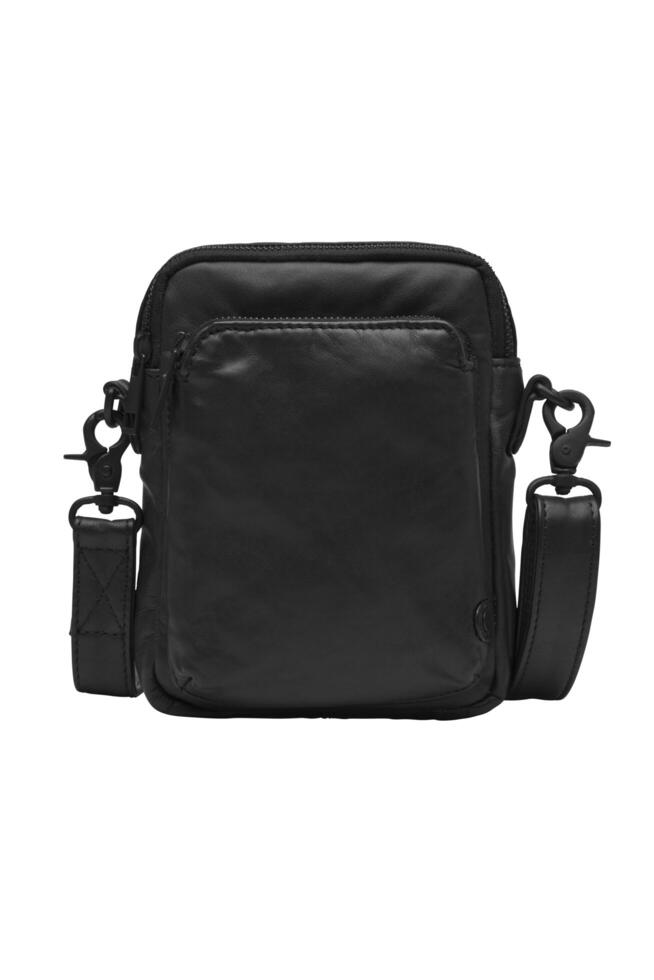 Studio shot of a small black leather crossbody bag with adjustable strap photo