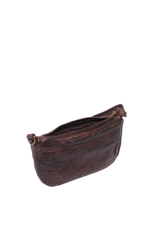 Distressed brown leather clutch purse with open zipper on white background detailed look photo