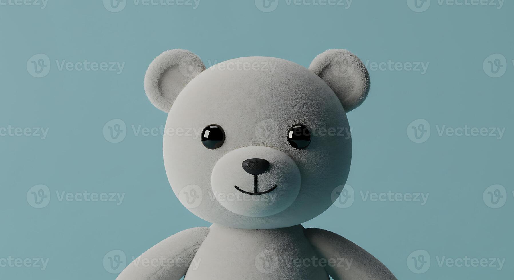 A teddy bear is standing in front of a blue background photo