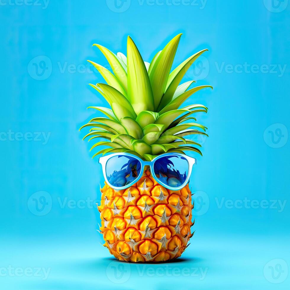 Pineapple with sunglasses on blue background photo