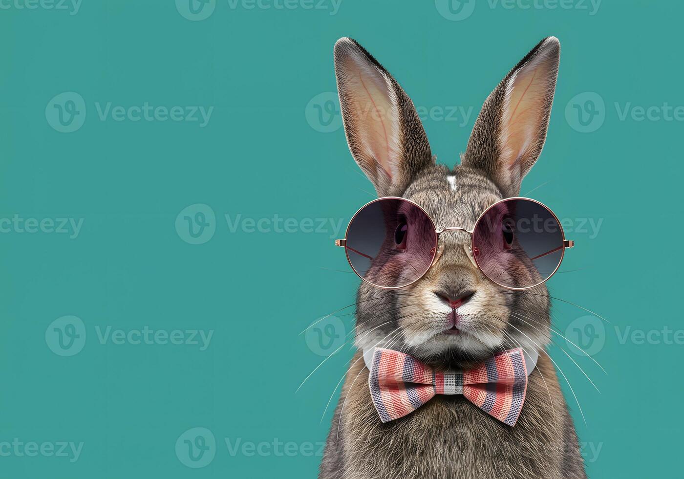 A rabbit wearing sunglasses and a bow tie photo
