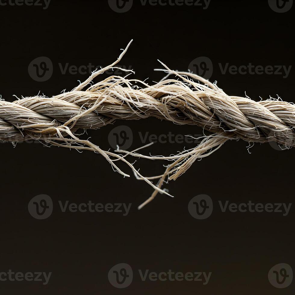 Close-up of Ripped Rope Against Dark Background Breaking, Stress, Tension, Weakness Concept. photo