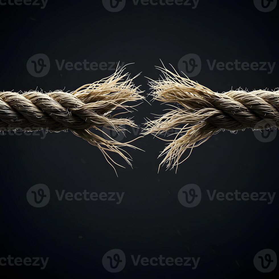 Close-up of a Torn Rope Against a Dark Background Break, Tension, Destruction Concept photo