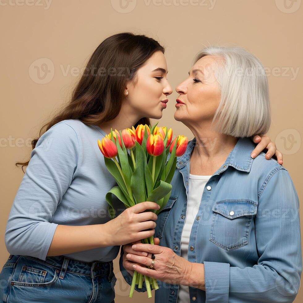 A woman is giving a bouquet of tulips to her grandmother photo