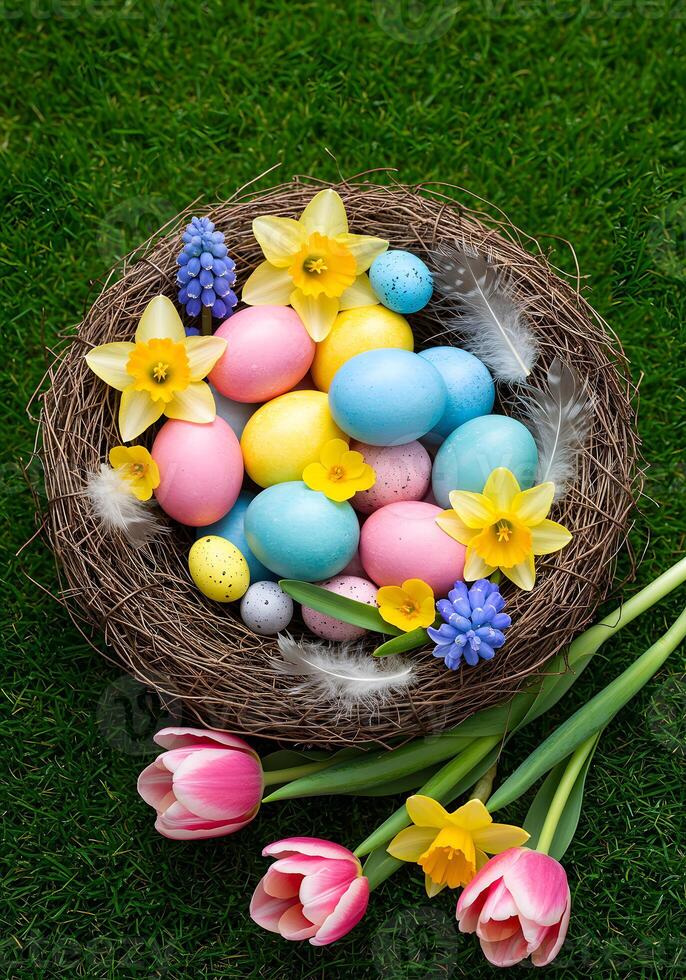 A nest with eggs and flowers on the grass photo
