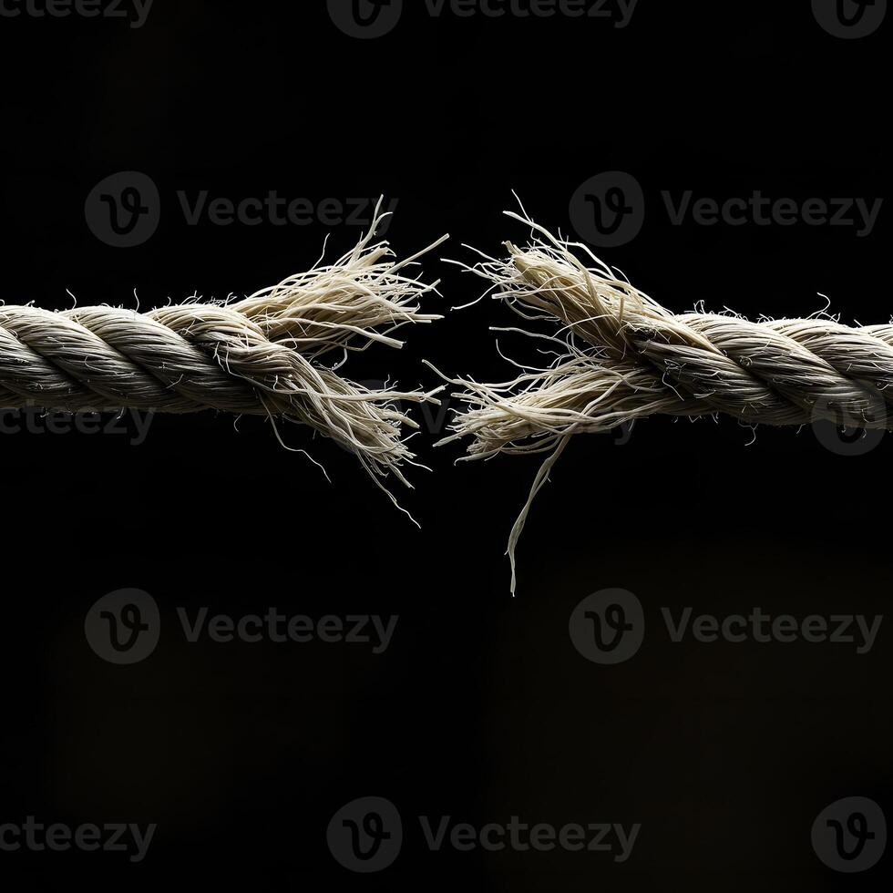 Torn Rope Close-Up Frayed, Broken Fiber Texture Against Black Background. photo