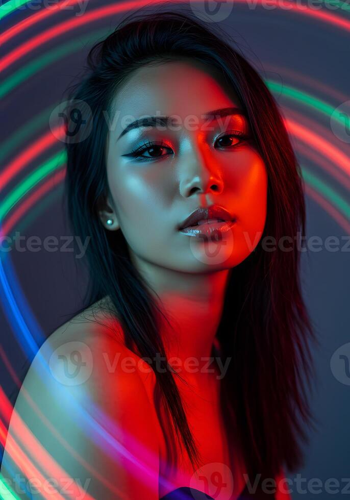 A woman with bright red and blue lights around her photo