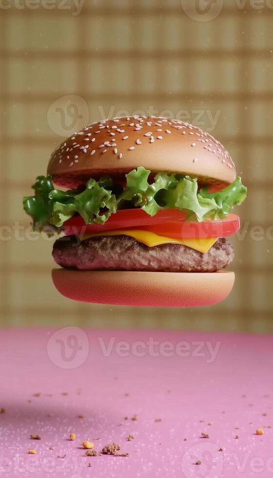 Burger fast food with lettuce, tomato, cheese and beef floating with brown background photo