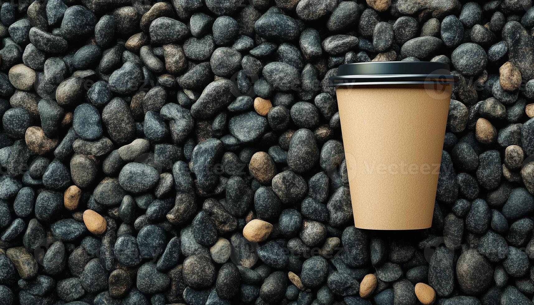 Brown blank paper cup drink eco friendly on grey pebble stones pattern background photo