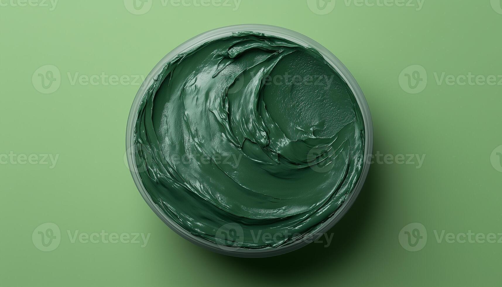 Spirulina cream mask facial jar natural skincare ingredient and green solid background photo