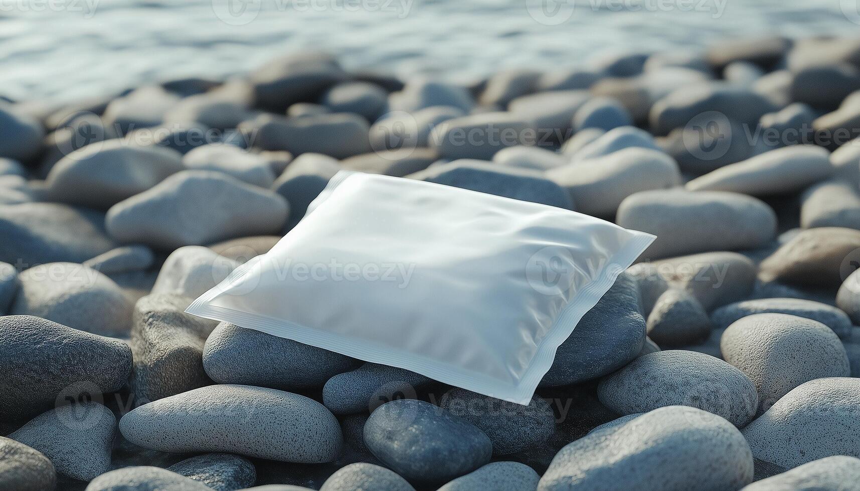White food plastic bag snack mockup identity brand on rock beach for promotion product photo