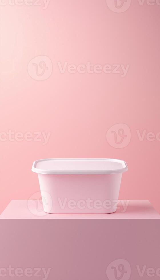 Styrofoam food container white blank square on pink podium stage photo