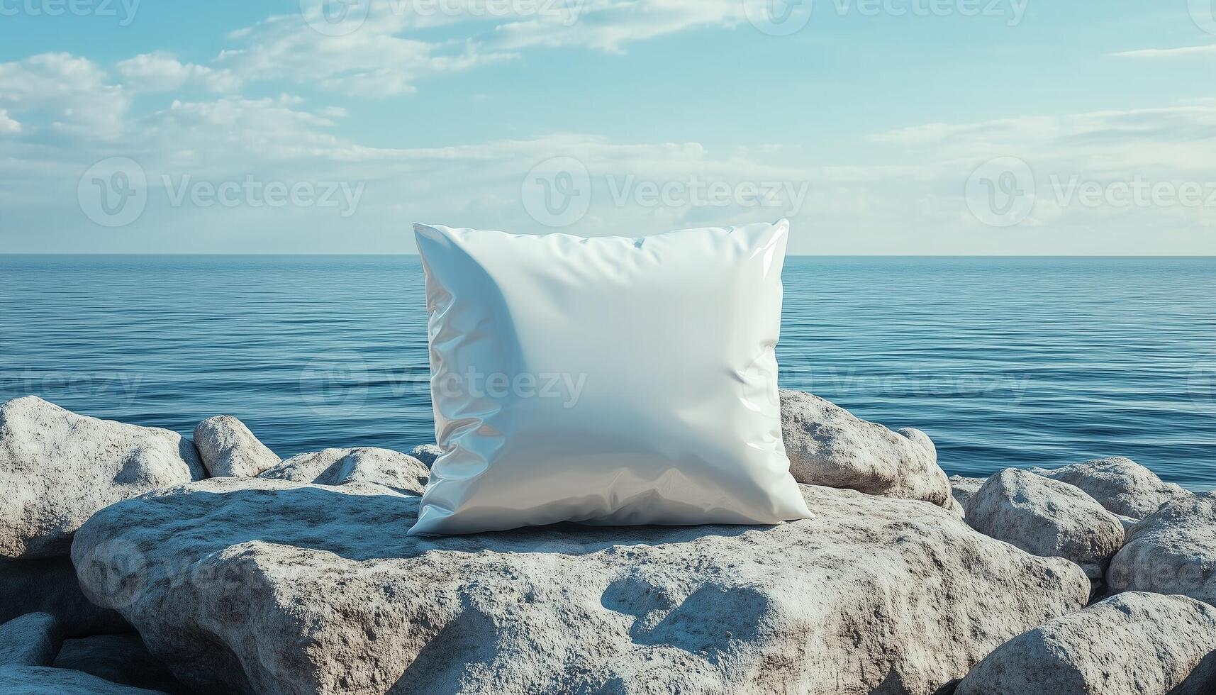 White glossy food plastic bag snack mockup on podium rock and ocean water background photo