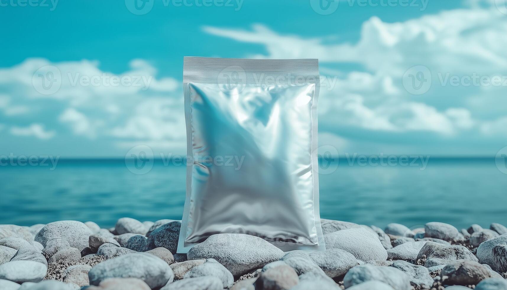White light glossy food plastic bag snack mockup on podium rock and ocean water background photo