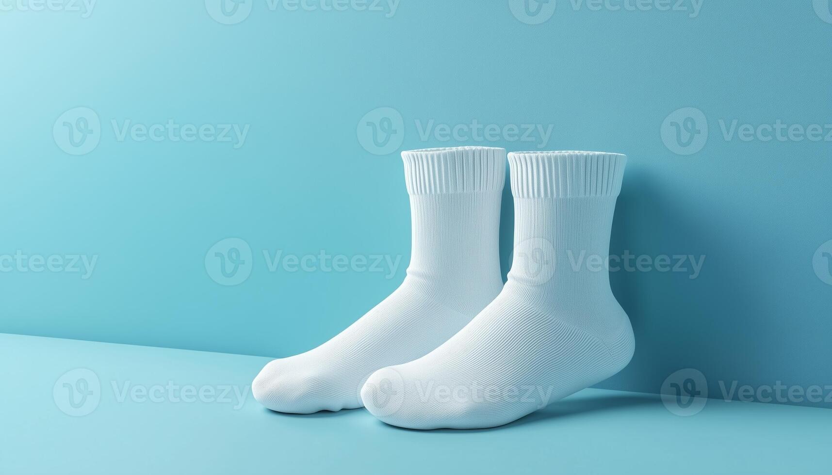 White blank sock mockup blank white mockup for brand display on pastel blue solid background photo