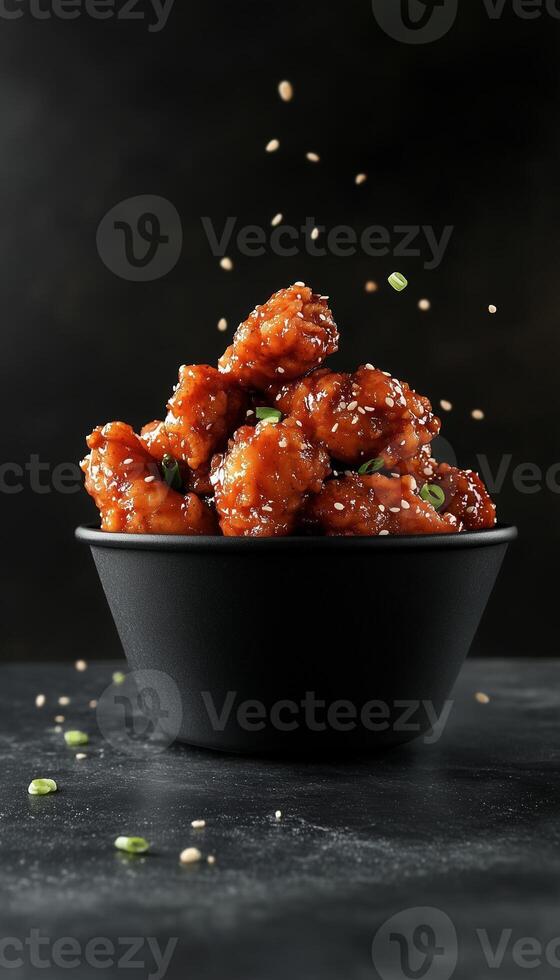 Korean spicy chicken with chili and sesame floating on black paper bowl dark vertical background photo
