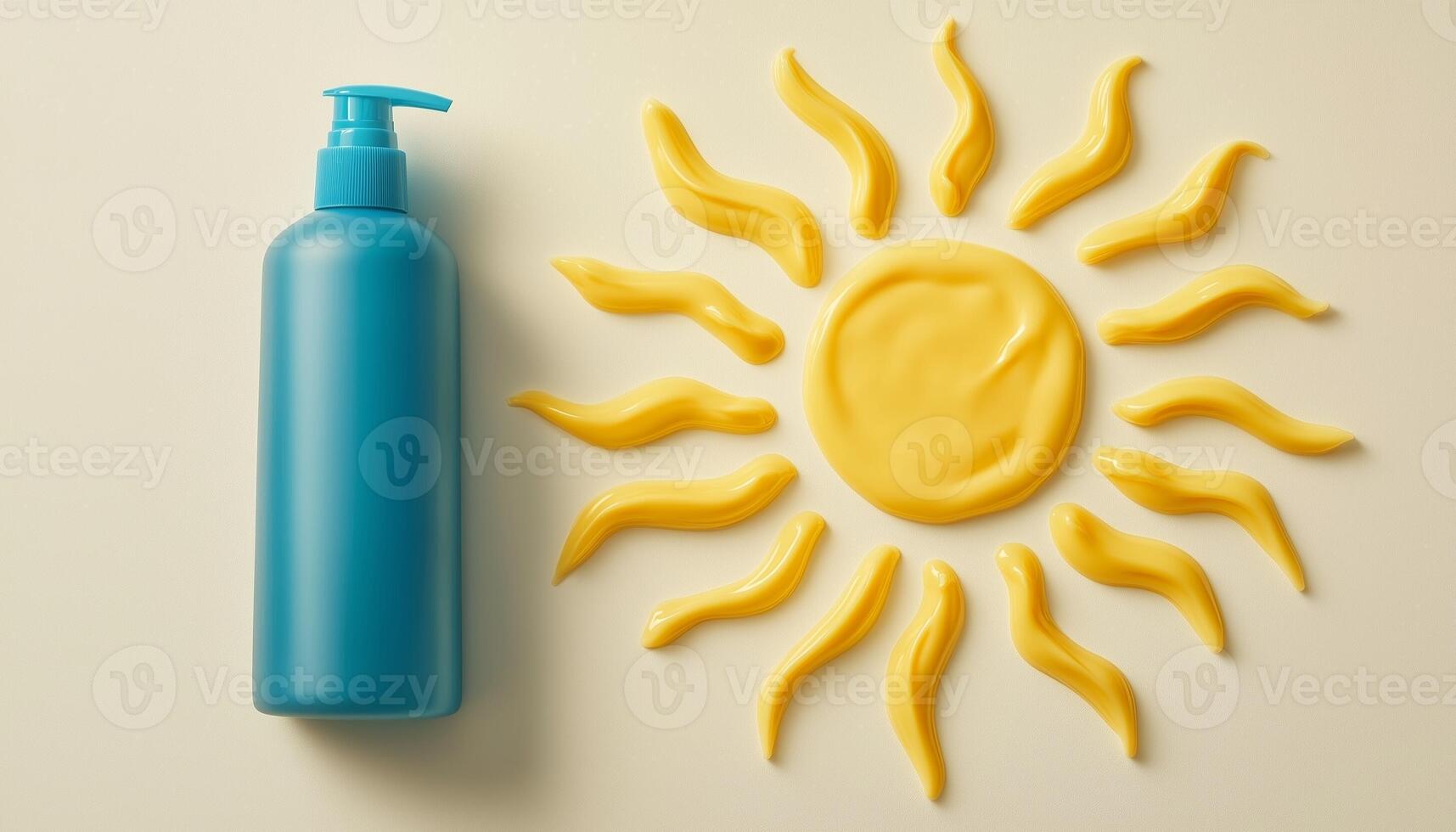 Blank blue plastic bottle pump mockup cream liquid moisturizer container with sun shaped cream with white background photo