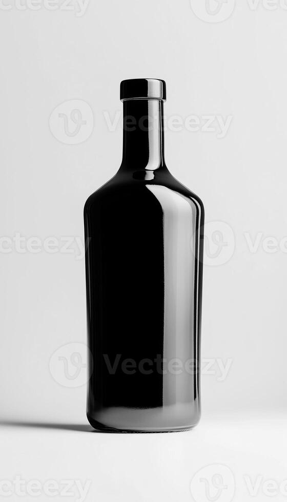 Black empty glass bottle transparent mockup liquid water container and story background photo