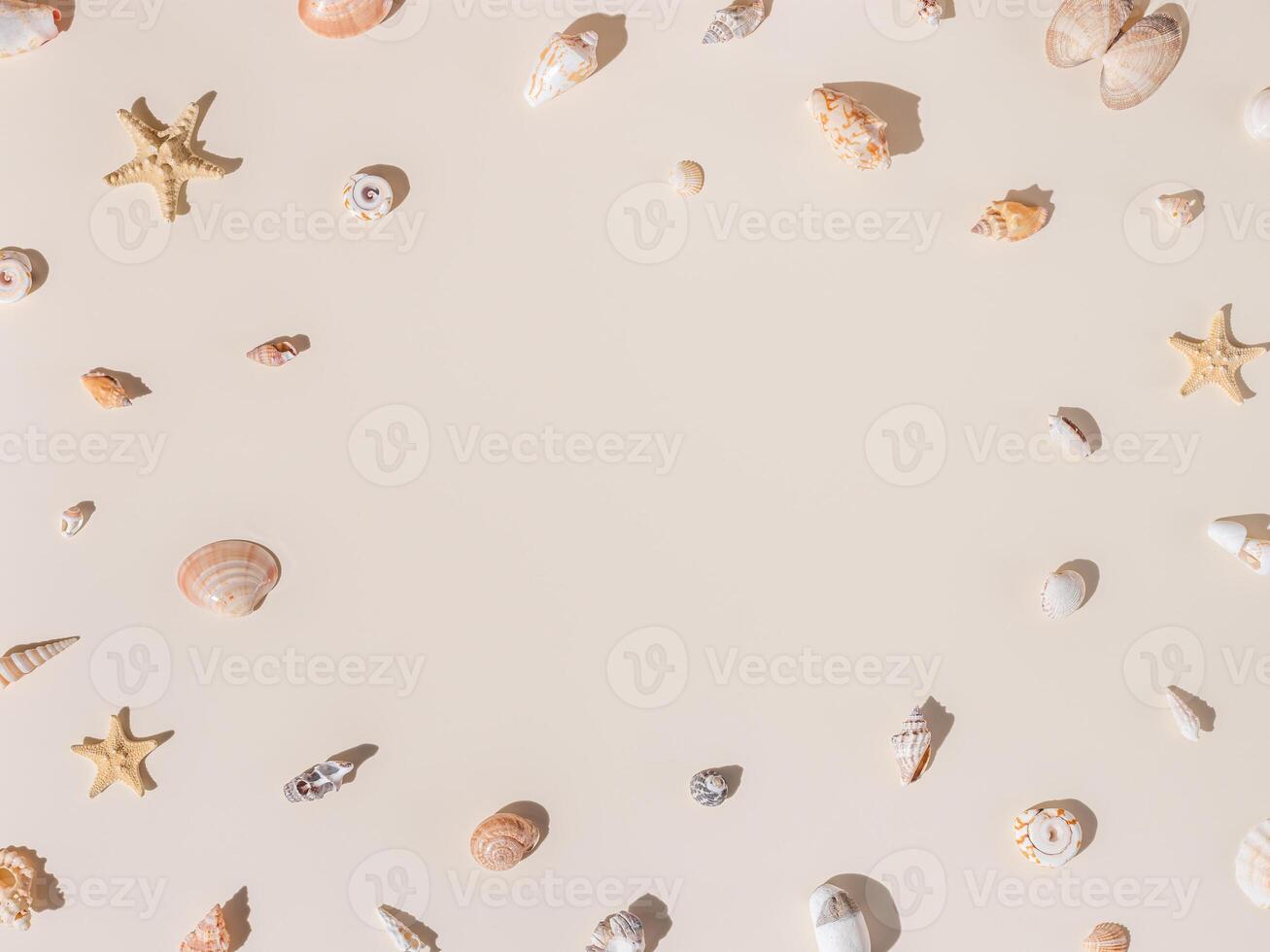 Frame with seashells and starfish with shadow on beige pastel background at sunlight. Summer vacation nautical pattern. Minimal flat lay with natural shell, sea stars, stone. Top view photo