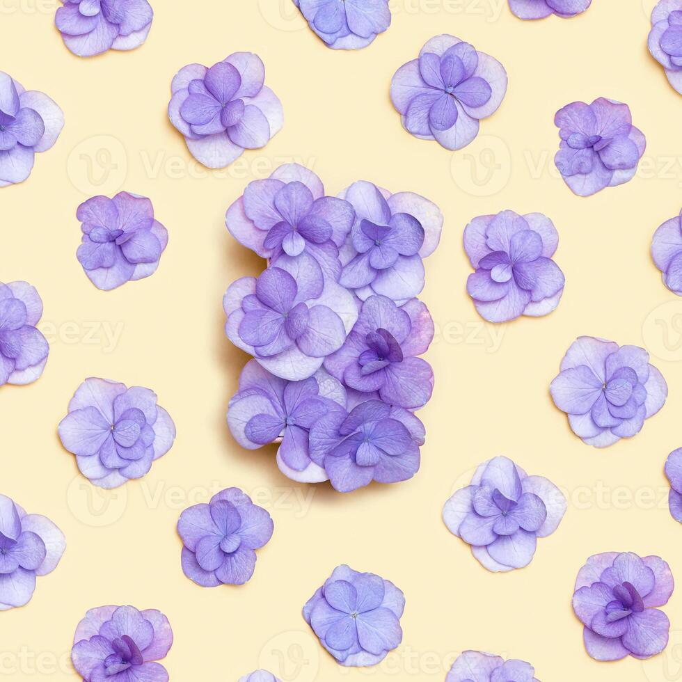 Minimal floral pattern with fresh Hydrangea violet flower, Very Peri color of year. Holiday layout with plain flowers for Mothers day, 8 March, Womens day. Flatlay flowery composition photo