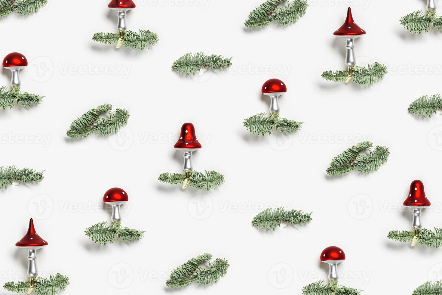 Christmas pattern with botanical ornaments fly agaric mushrooms with red cap and white dots, on natural green christmas fir tree branches on white background. Holiday winter decor photo