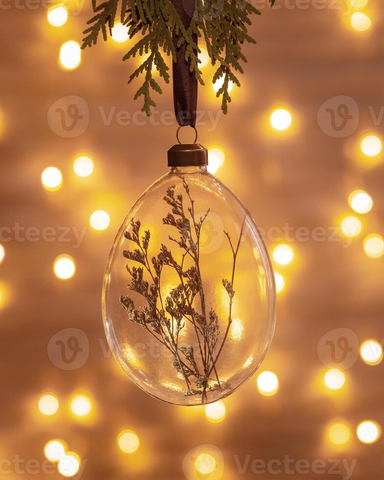 Hanging Christmas Glass bauble filled dried flowers, grass. Botanical Christmas ornaments with blurred bokeh background. Design transparent ball for New Year or xmas treey photo