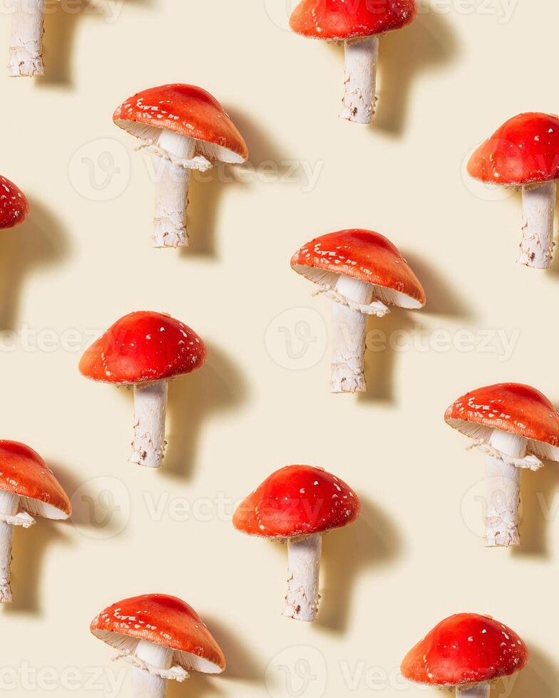 Pattern with mushroom Amanita muscaria, fly agaric or fly amanita. Toxic and hallucinogenic mushrooms on beige paper background. Close up poisonous natural plant photo