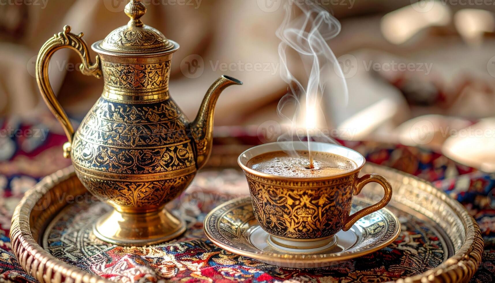 Golden Coffee Set on Ornate Tray and Carpet photo