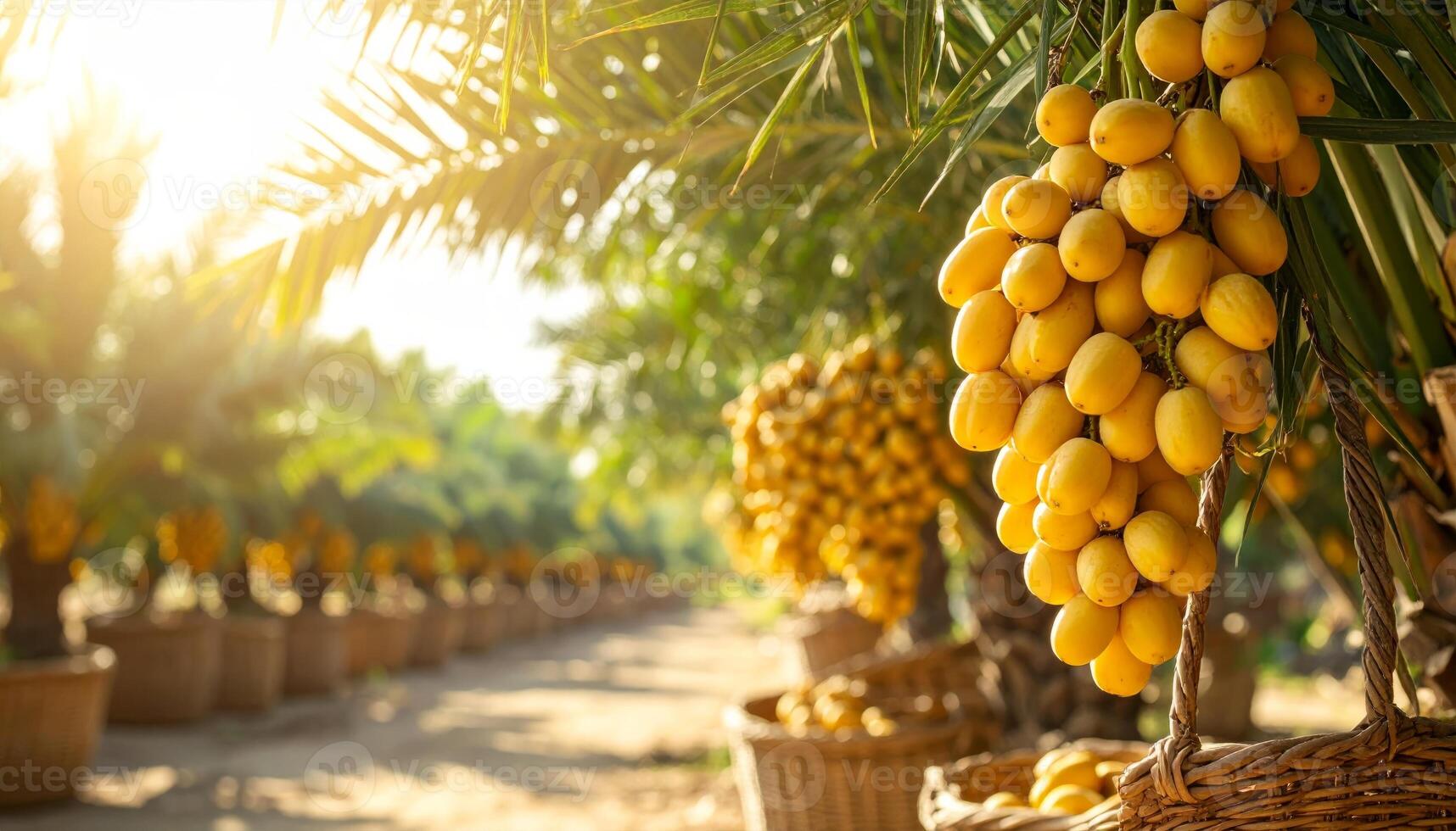 Ripe Yellow Dates Hanging on Palm Trees in Sunny Orchard photo