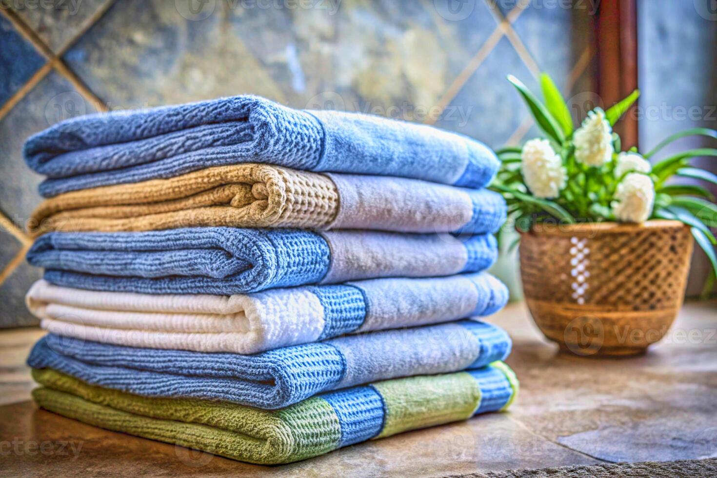 Neatly blue folded stacks of kitchen buth towels,fabrics,tablecloths,curtains photo