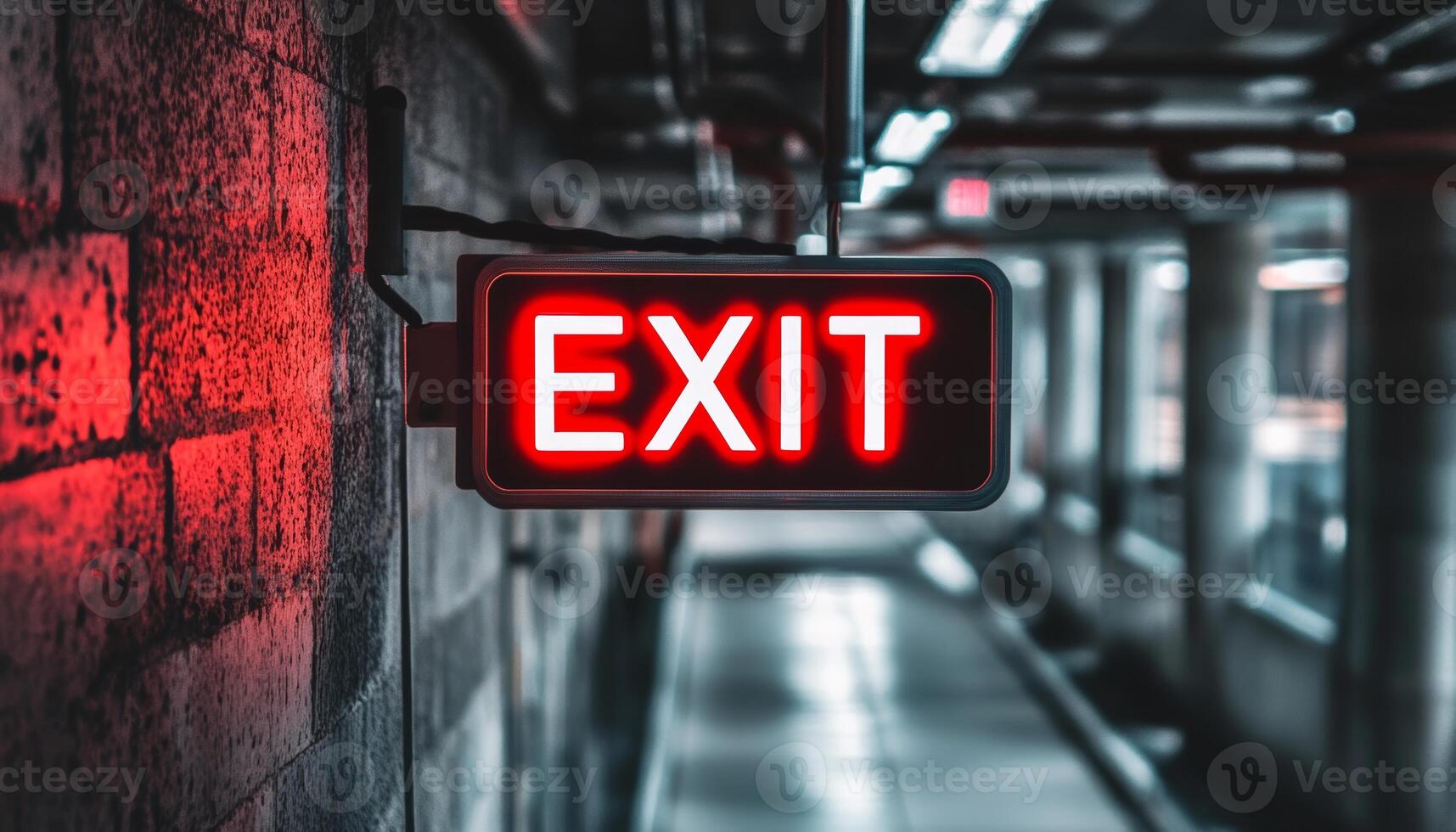 Vibrant Red Exit Sign Illuminates a Dark, Industrial Hallway, Providing Guidance and Safety photo