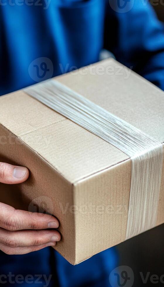 Delivery Person in Blue Uniform Holds Out a Securely Packaged Cardboard Box, Close Up photo