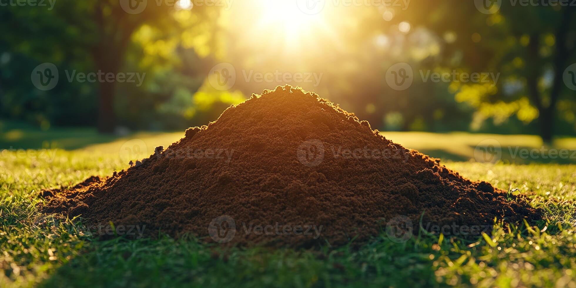 A Small Mound of Rich, Dark Soil Rests on a Lush Green Lawn, Bathed in the Golden Glow of Sunset. photo