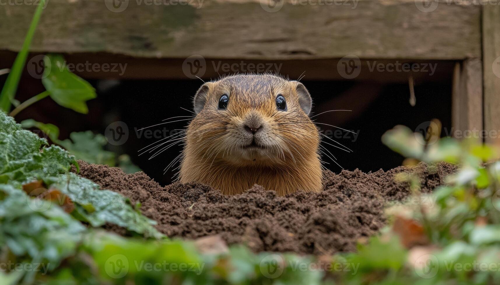 A small brown and white groundhog peeking out from a hole photo
