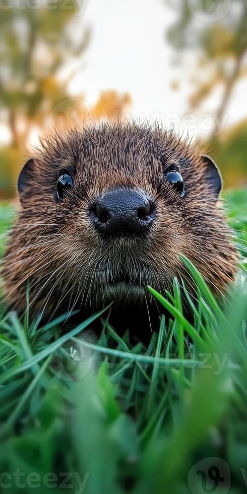 Curious Mink Hiding in Lush Green Grass, Close-up Portrait of Wildlife in Natural Habitat photo