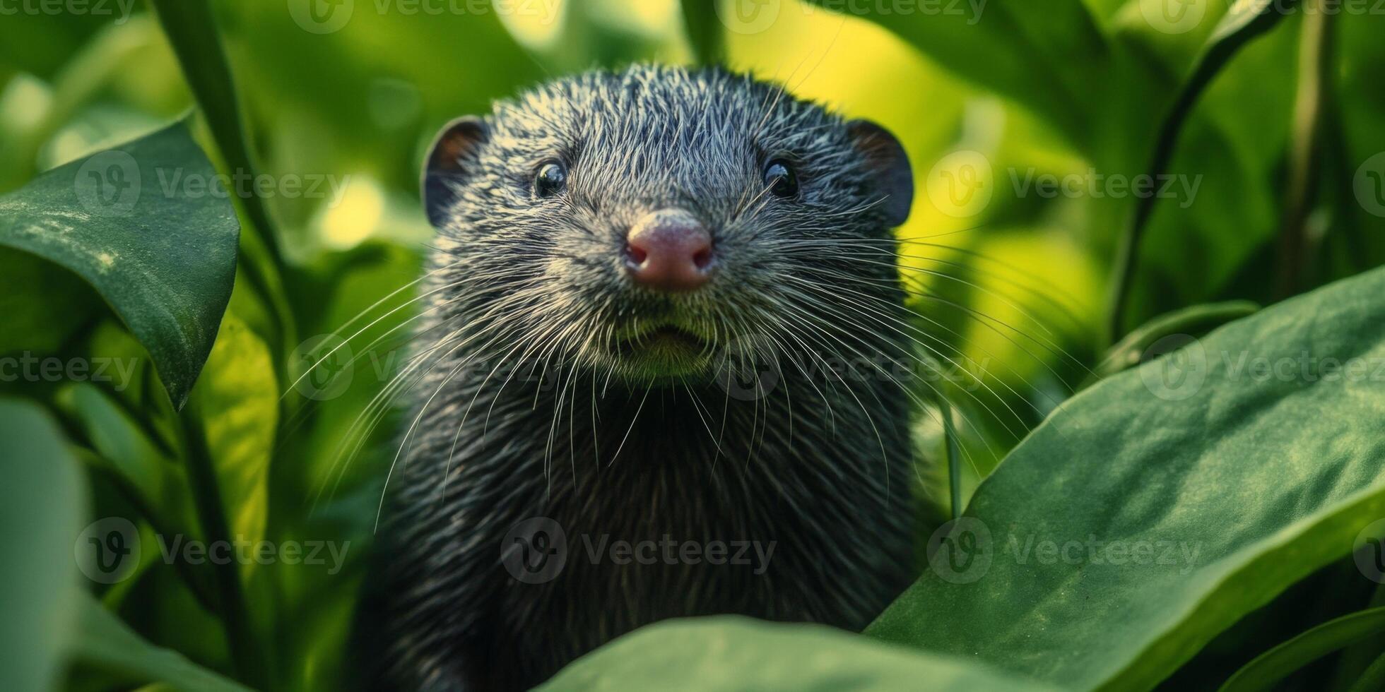 A small black rat is standing in the grass photo