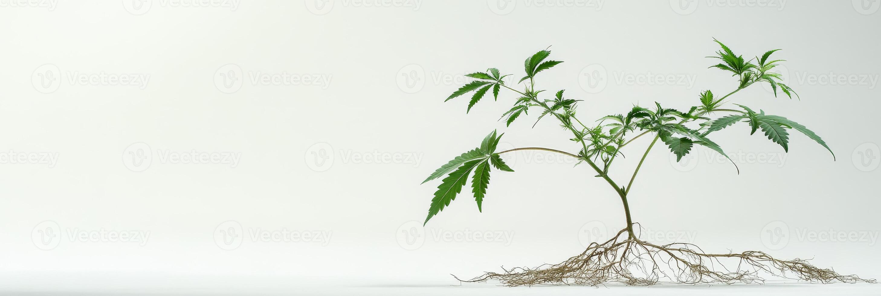 Cannabis Seedling with Delicate Root Structure - Detail Closeup on White Backgrckground photo