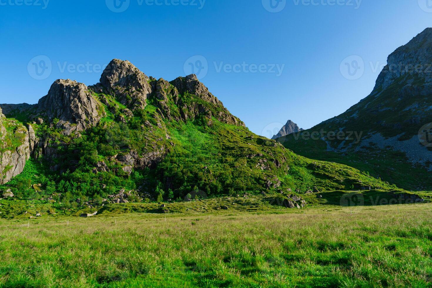 Dramatic, Picturesque scene, Breathtaking, Impressive summer landscape of lofoten island, Norway. Colorful sunny scene in Norway. Beauty of nature concept background. photo