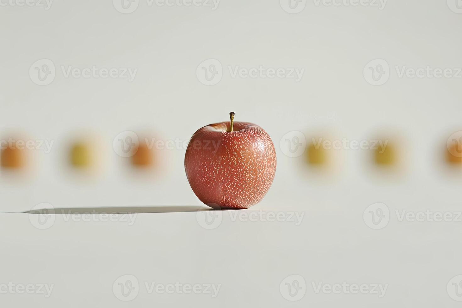 Single, fresh apple, in focus, with blurred apples in background photo