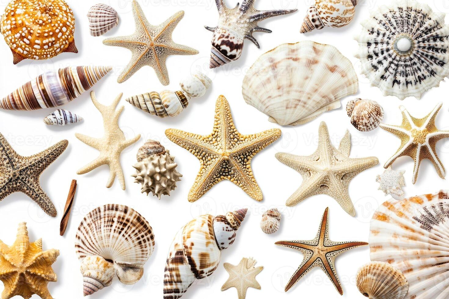 Various shells and starfishs are arranged in a pattern photo