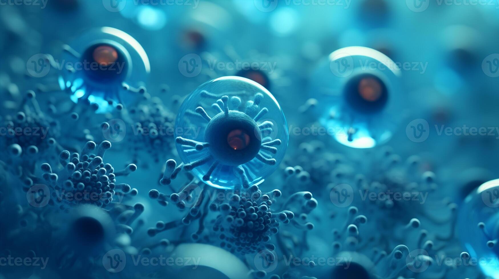 Bacteria and virus cells. Microscopic blue bacteria. Placebo close up. health science. Virus in the microscope photo