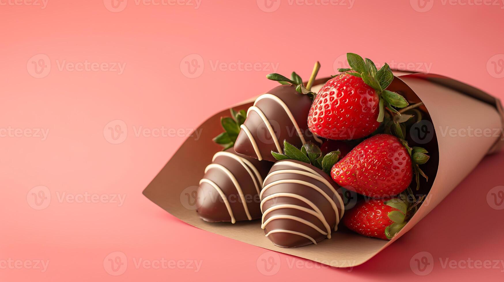 Sweet bouquet of chocolate covered strawberries in a paper package on pink background with strawberries decor photo