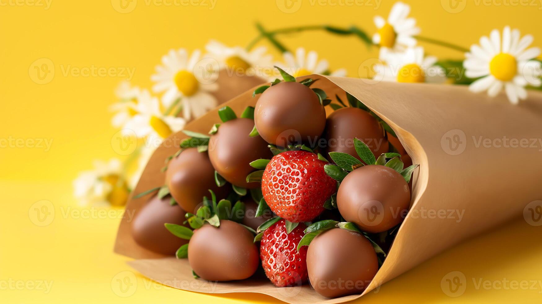 Sweet bouquet of chocolate covered strawberries in paper package on yellow background with white flower decor photo