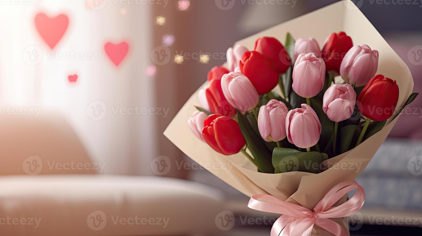 A bouquet of red and pink tulips in a paper bag photo
