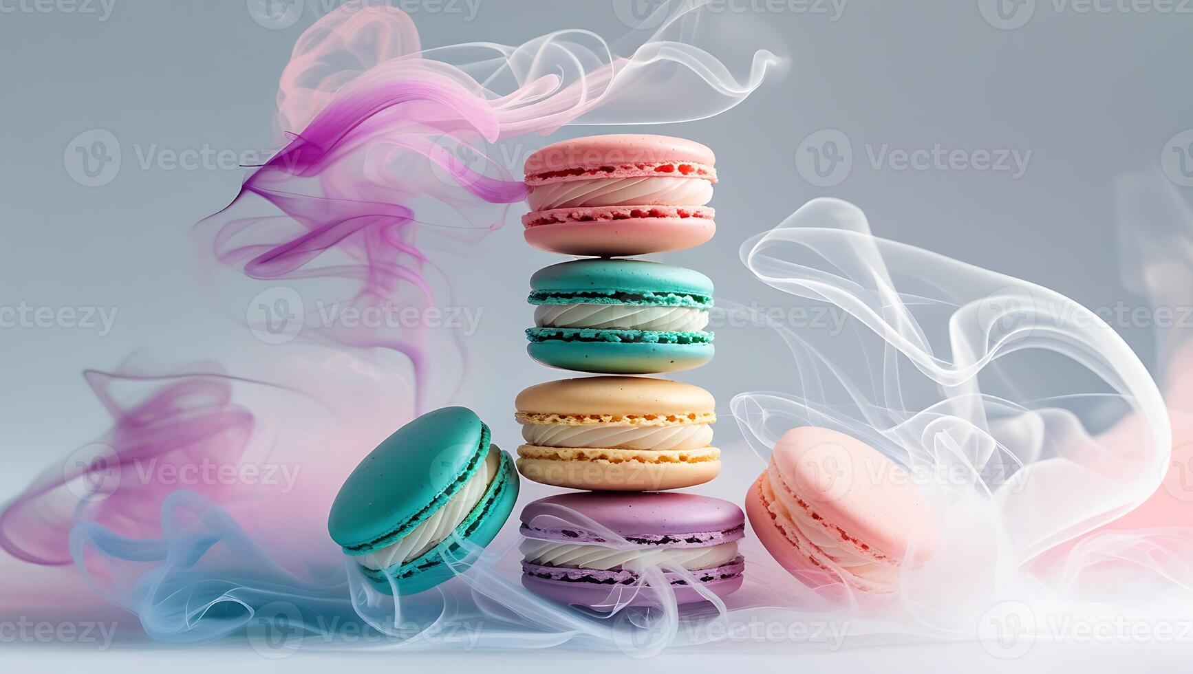 Colorful macarons, stacked, wispy smoke, ethereal, vibrant colors, pastel hues, artistic food photography, white background, surreal, dreamy, elegant, high-contrast, delicate, floating, whispy tendril photo