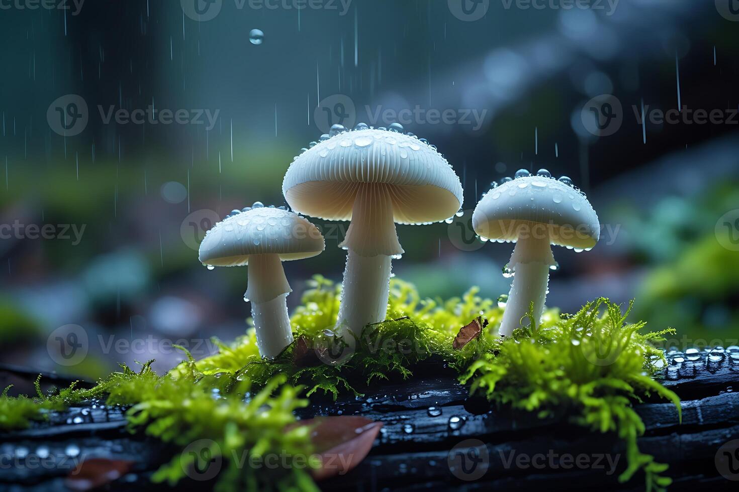 Macro photography, three white mushrooms, vibrant green moss, water droplets, rain, dew, forest, dark log, blurred background, high detail, shallow depth of field, soft lighting, nature, ethereal atmo photo