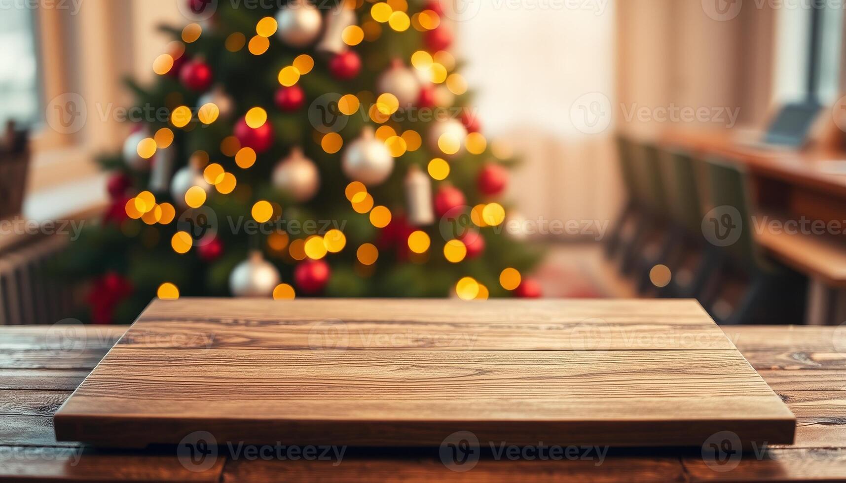 Christmas tree in the background of a wooden table photo